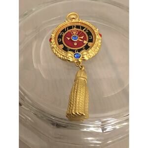 Vintage BOB MACKIE Goldtone POCKET WATCH w/Tassle & Rhinestones BROOCH/PIN